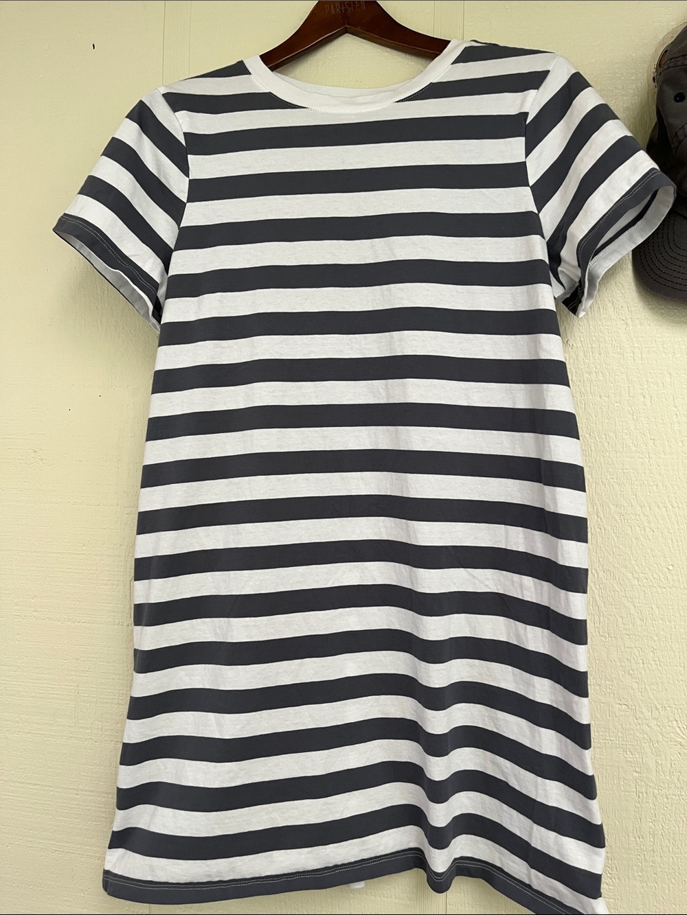 Old Navy Denim-Bluish-Grey and White Horizontal Stripe Short Sleeve Tee dress.